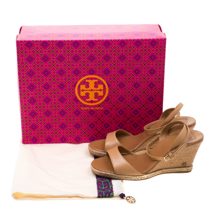 Pre Owned Tory Burch Brown Leather Marion Espadrille Trim Quilted Wedge Sandals Size 37.5
