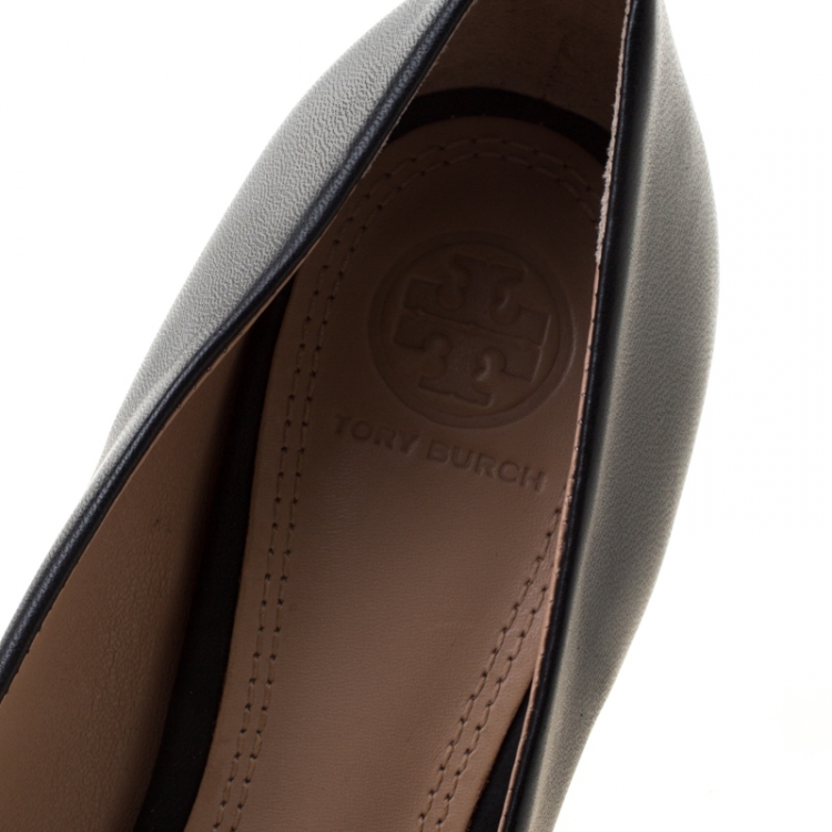 Pre Owned Tory Burch Black Leather Wedge Pumps Size 37.5