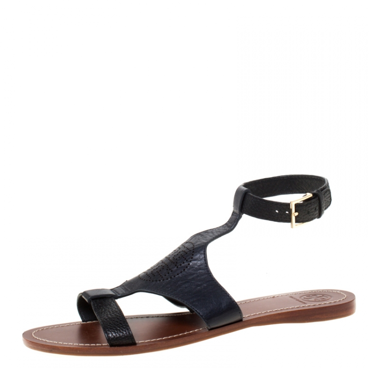 Pre Owned Tory Burch Black Leather Ankle Strap Flats Size 39.5