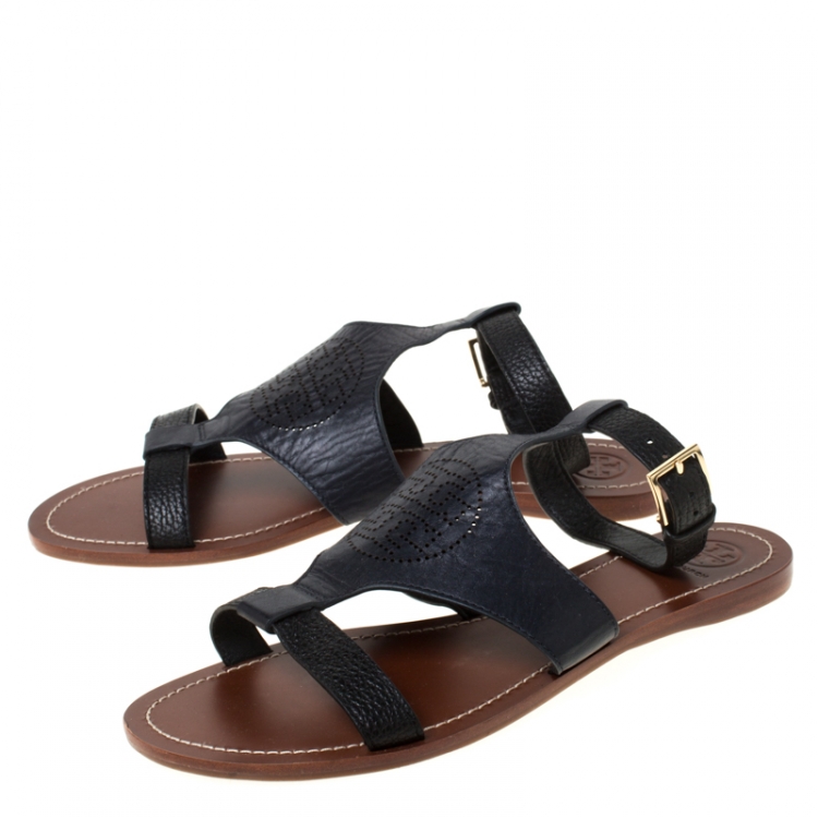 Pre Owned Tory Burch Black Leather Ankle Strap Flats Size 39.5