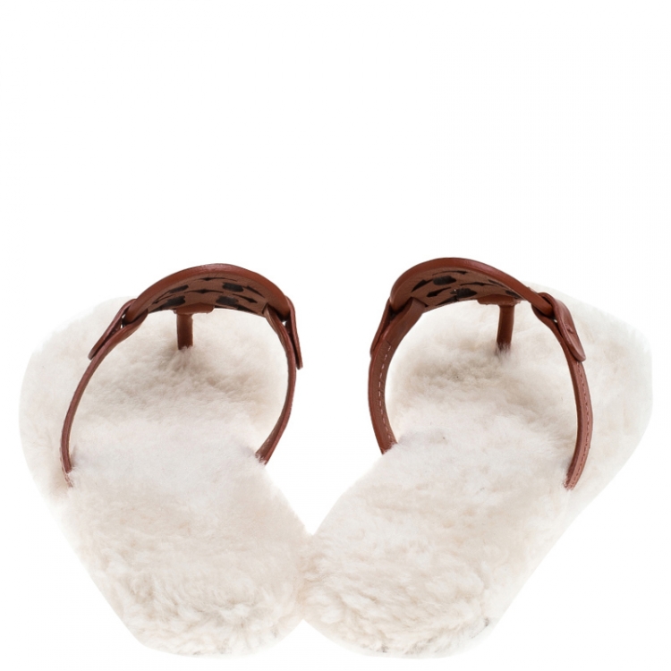 Pre Owned Tory Burch Brown Leather Shearling Miller Thong Flats Size 38