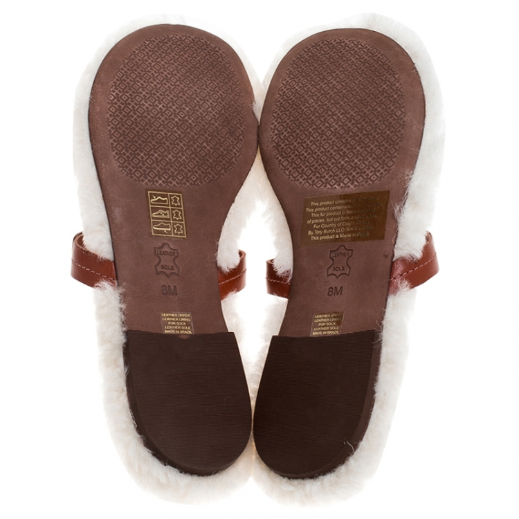 Pre Owned Tory Burch Brown Leather Shearling Miller Thong Flats Size 38