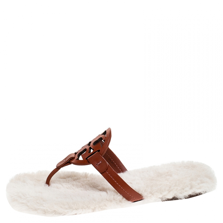Pre Owned Tory Burch Brown Leather Shearling Miller Thong Flats Size 38