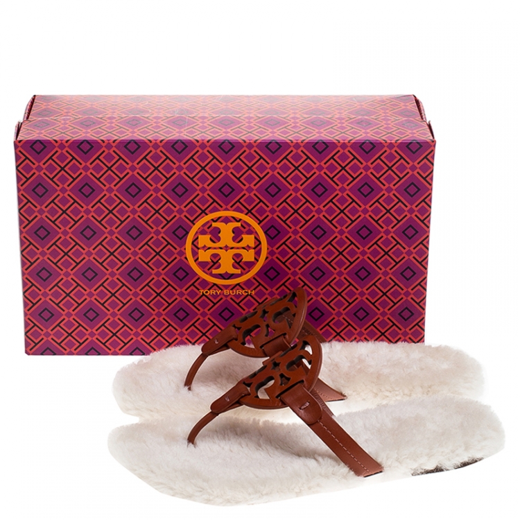 Pre Owned Tory Burch Brown Leather Shearling Miller Thong Flats Size 38