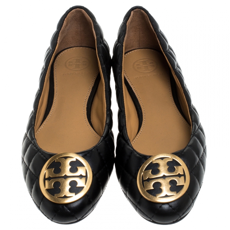 Pre Owned Tory Burch Black Quilted Leather Quinn Ballet Flats Size 36.5