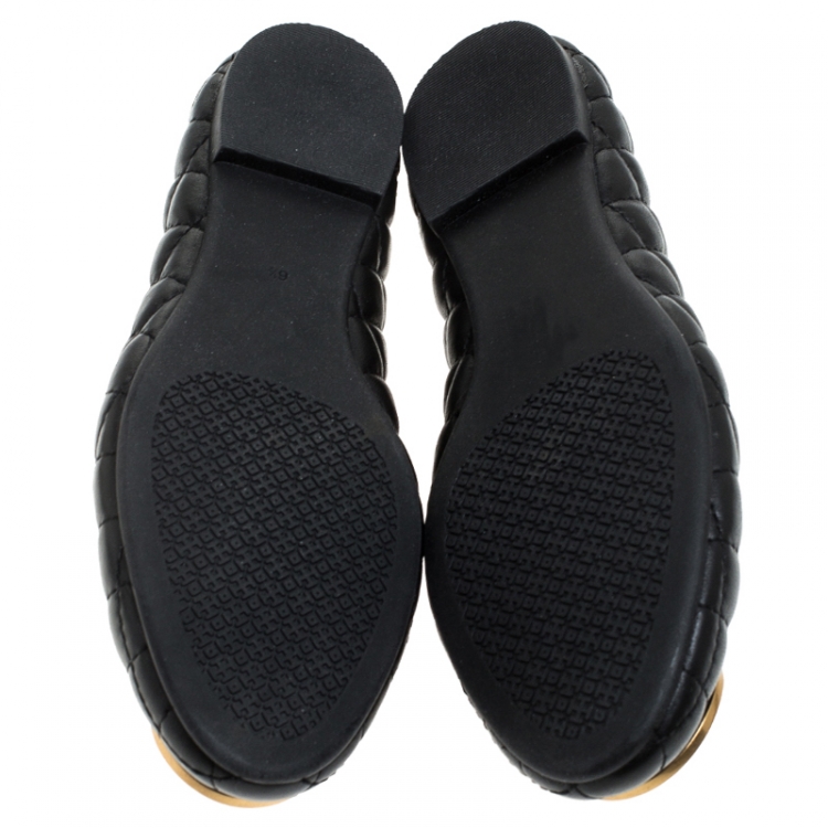 Pre Owned Tory Burch Black Quilted Leather Quinn Ballet Flats Size 36.5