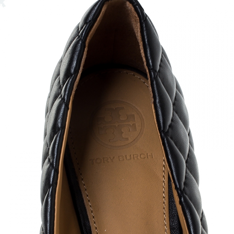 Pre Owned Tory Burch Black Quilted Leather Quinn Ballet Flats Size 36.5