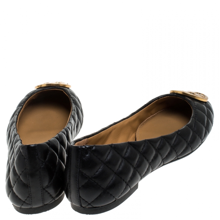 Pre Owned Tory Burch Black Quilted Leather Quinn Ballet Flats Size 36.5
