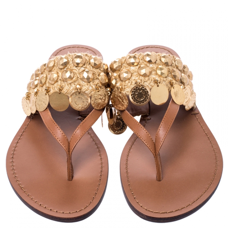 Pre Owned Tory Burch Brown Leather And Raffia Patos Coin Thong Flats Size 37