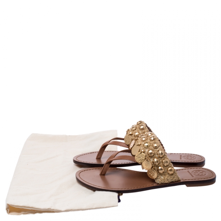 Pre Owned Tory Burch Brown Leather And Raffia Patos Coin Thong Flats Size 37