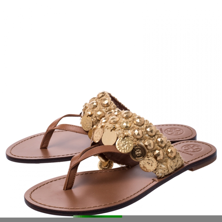 Pre Owned Tory Burch Brown Leather And Raffia Patos Coin Thong Flats Size 37