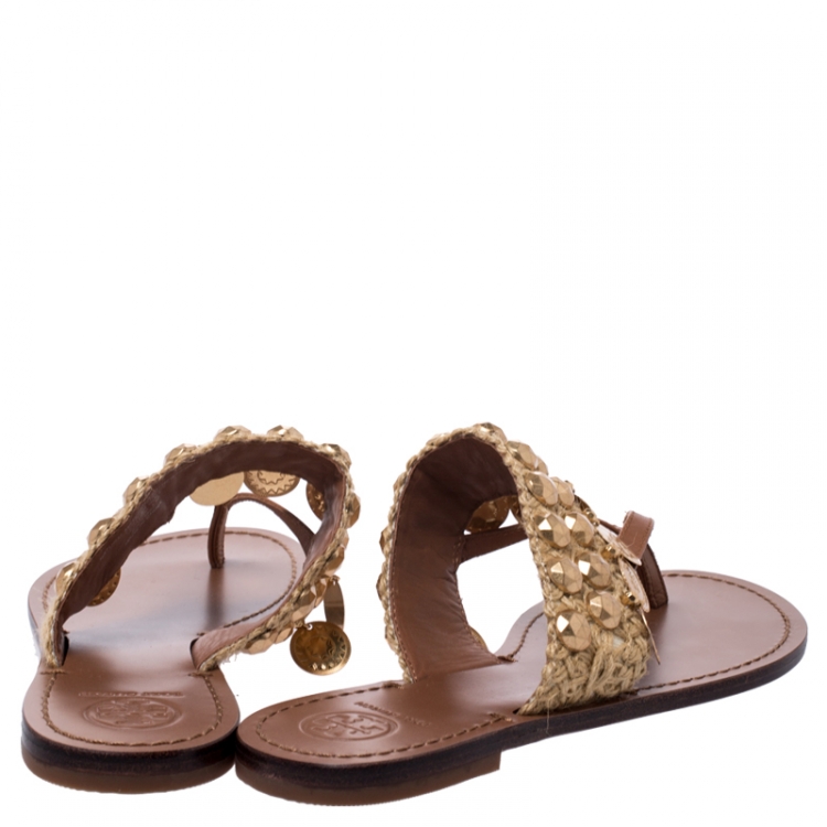 Pre Owned Tory Burch Brown Leather And Raffia Patos Coin Thong Flats Size 37