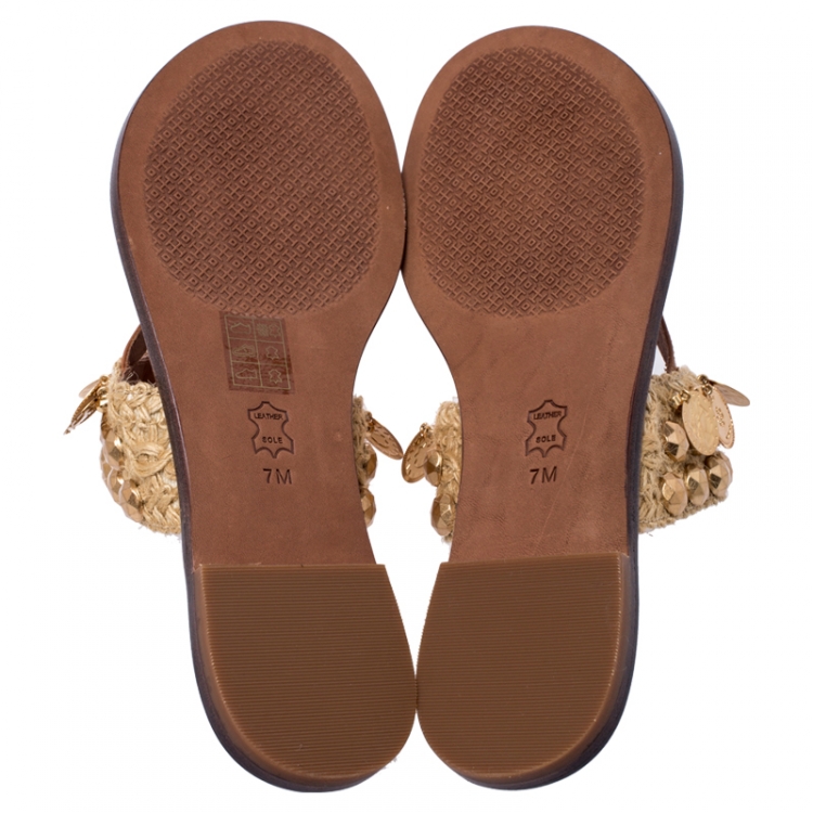 Pre Owned Tory Burch Brown Leather And Raffia Patos Coin Thong Flats Size 37