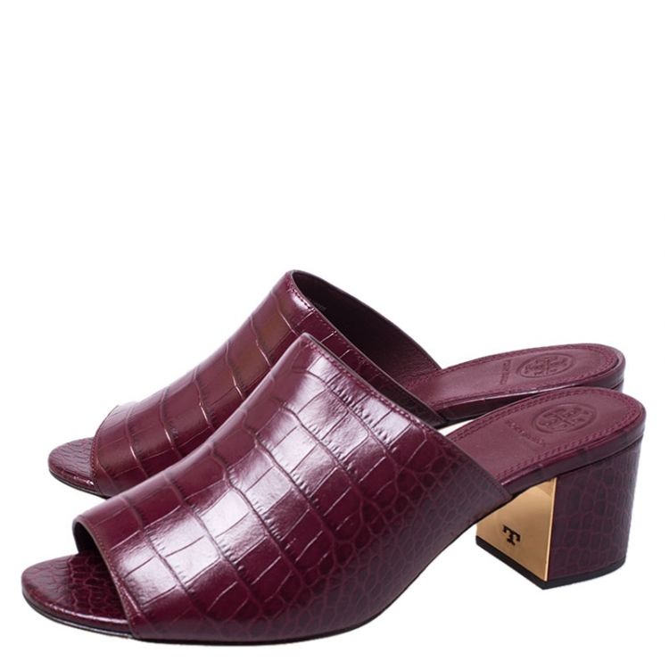 Pre Owned Tory Burch Burgundy Croc Embossed Leather Salinas Peep Toe Sandals Size 37.5