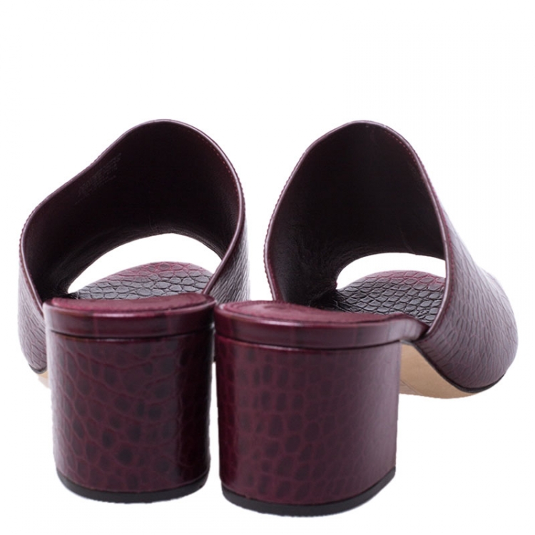 Pre Owned Tory Burch Burgundy Croc Embossed Leather Salinas Peep Toe Sandals Size 37.5