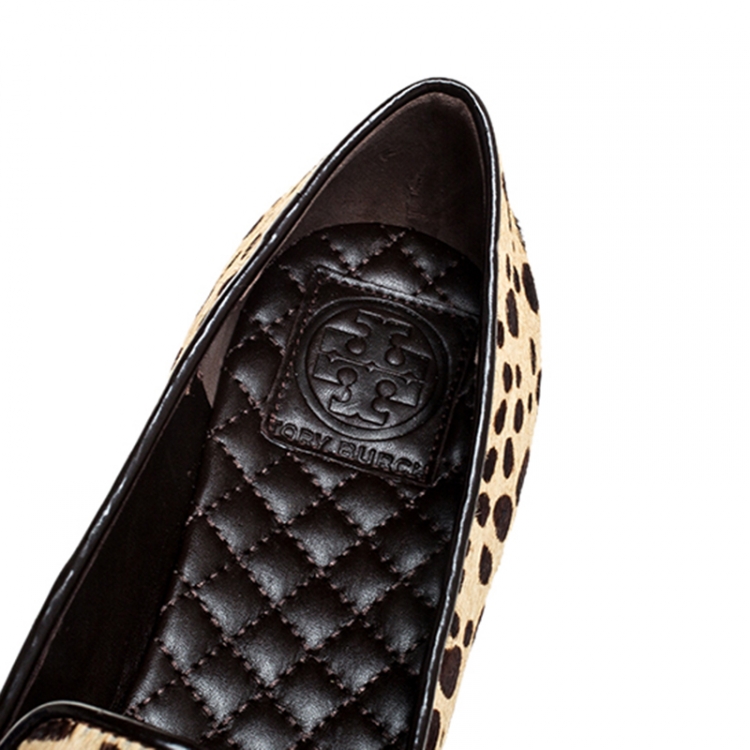 Pre Owned Tory Burch Beige/Brown Cheetah Print Calf Hair Chandra Loafers Size 39