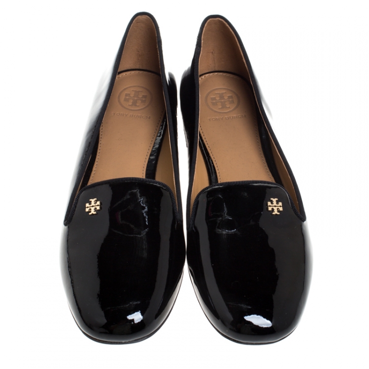 Pre Owned Tory Burch Black Patent Leather Samantha Smoking Slippers Size 38