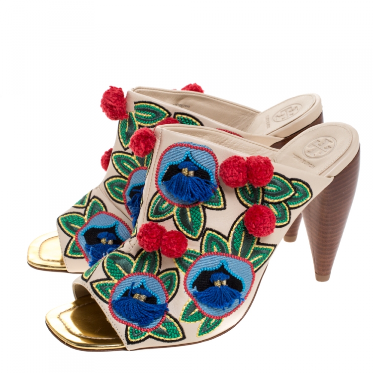 Pre Owned Tory Burch Beige Embroidered Leather Pom Pom Open Toe Mules Size 41