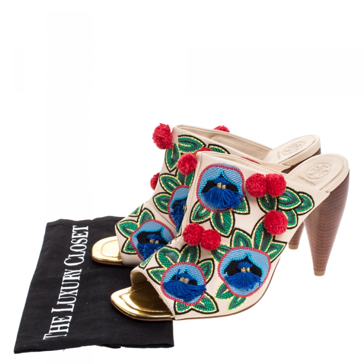 Pre Owned Tory Burch Beige Embroidered Leather Pom Pom Open Toe Mules Size 41