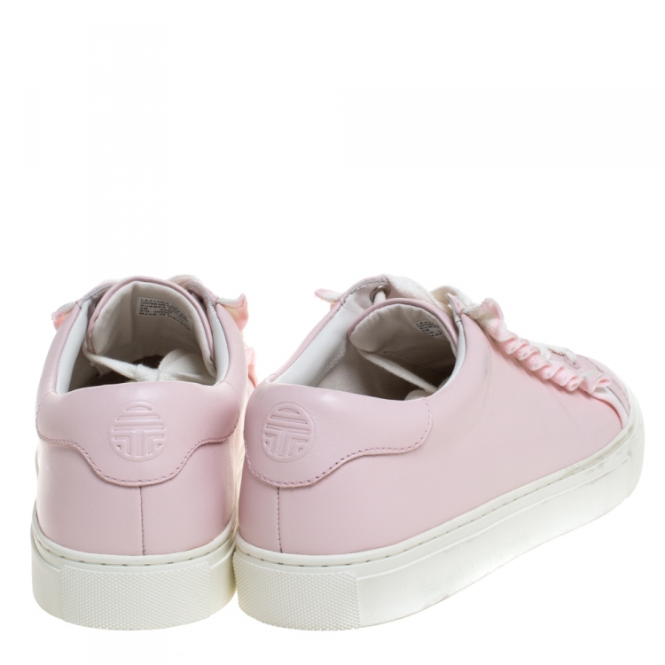 Pre Owned Tory Burch Pink Leather Ruffled Lace Up Sneakers Size 39