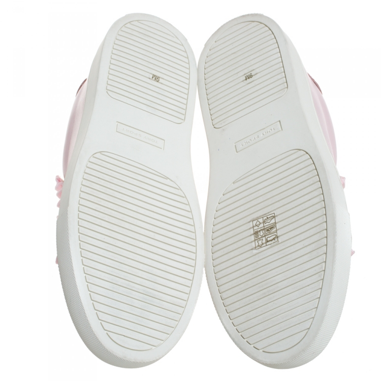 Pre Owned Tory Burch Pink Leather Ruffled Lace Up Sneakers Size 39