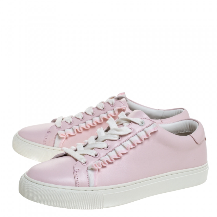 Pre Owned Tory Burch Pink Leather Ruffled Lace Up Sneakers Size 39