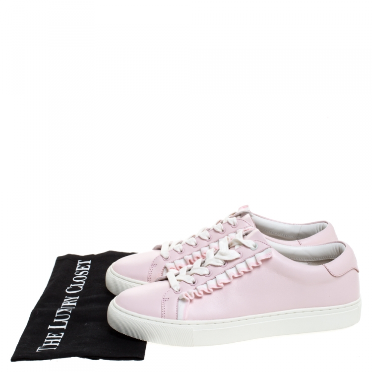 Pre Owned Tory Burch Pink Leather Ruffled Lace Up Sneakers Size 39
