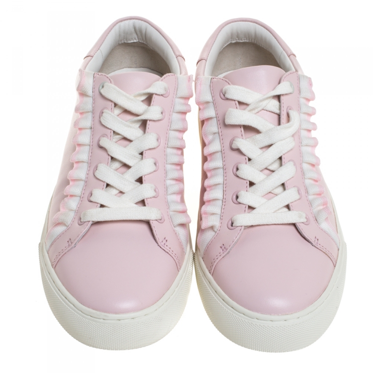 Pre Owned Tory Burch Pink Leather Ruffled Lace Up Sneakers Size 39