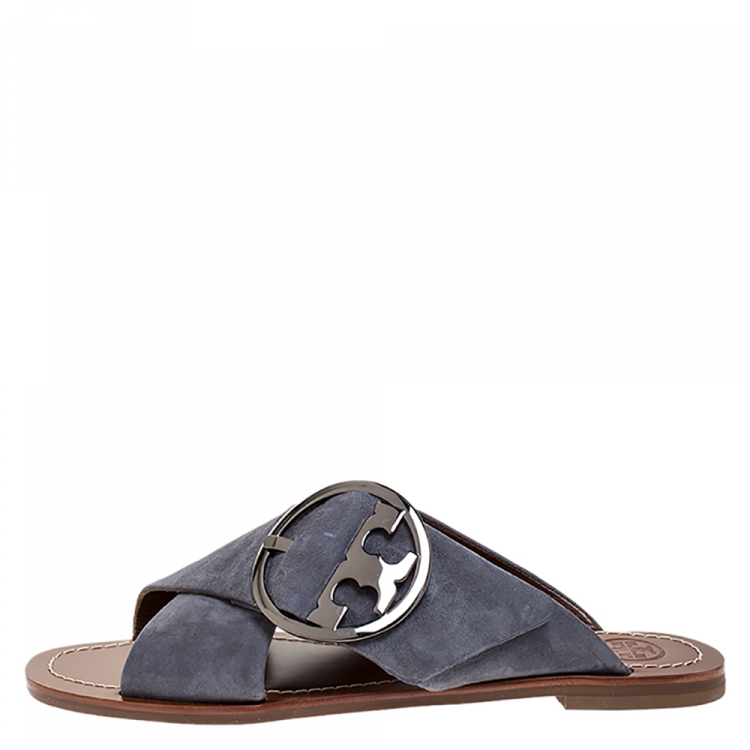 Pre Owned Tory Burch Grey Suede Leather Thames Cross Strap Flats Size Size 38