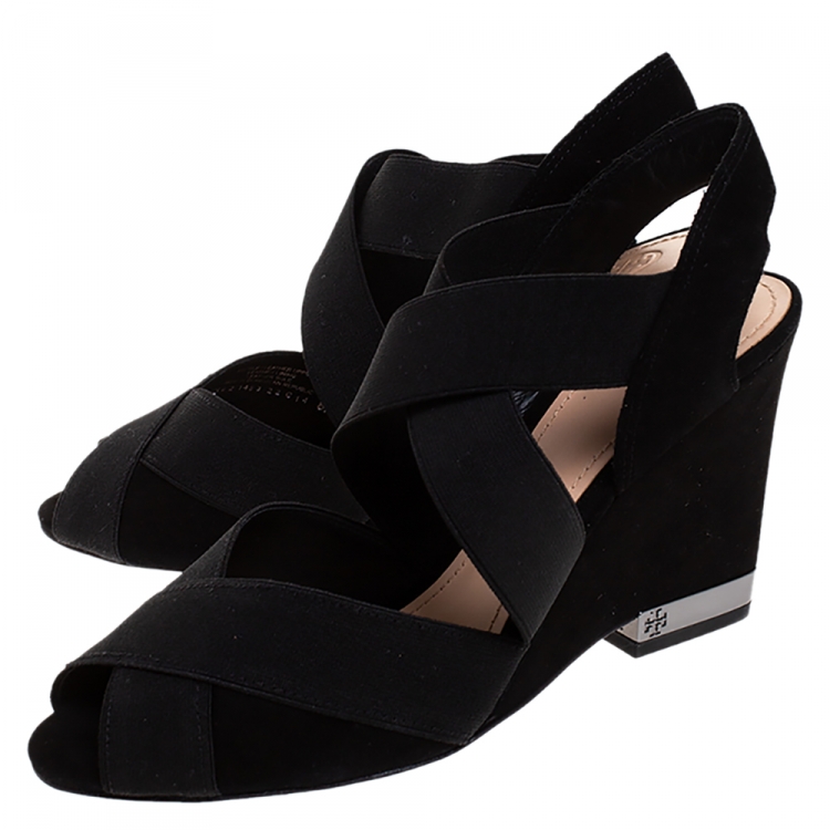 Pre Owned Tory Burch Black Suede Debbie Wedge Sandals Size 38.5
