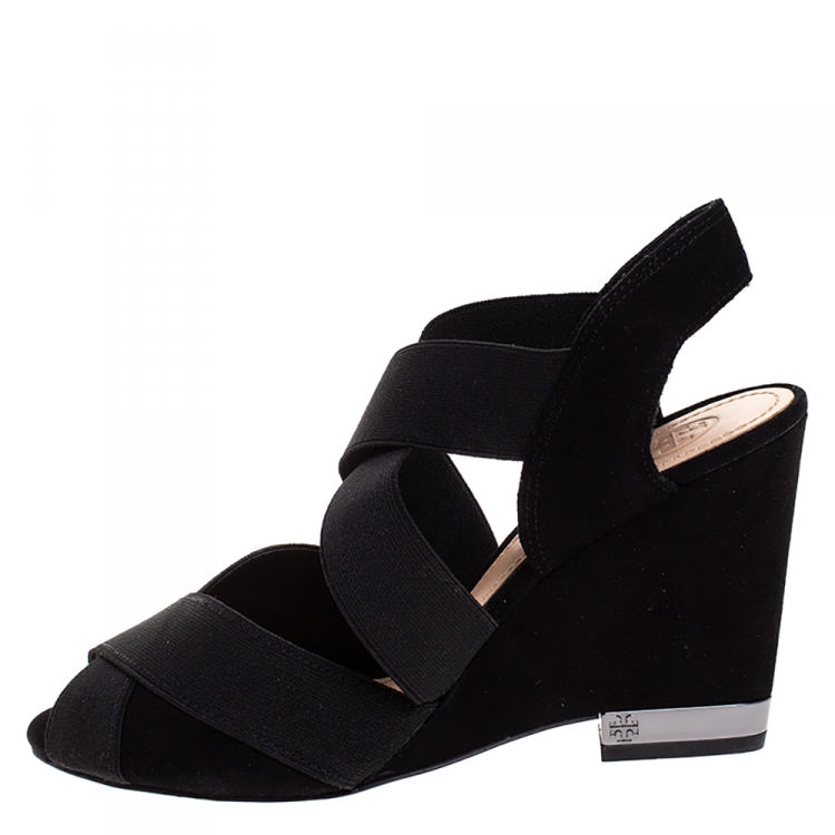 Pre Owned Tory Burch Black Suede Debbie Wedge Sandals Size 38.5