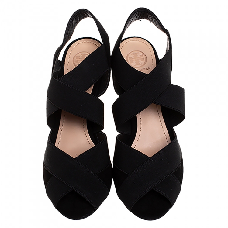 Pre Owned Tory Burch Black Suede Debbie Wedge Sandals Size 38.5