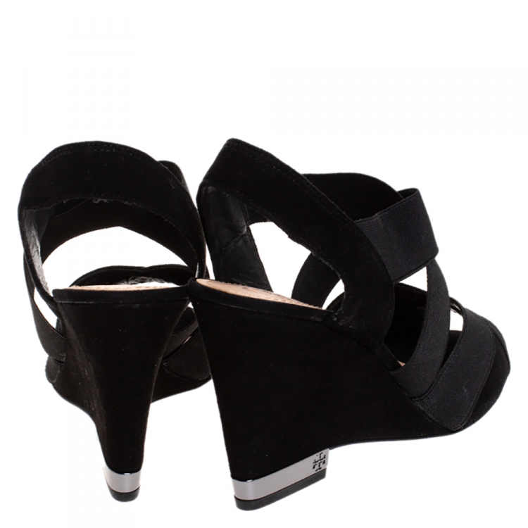 Pre Owned Tory Burch Black Suede Debbie Wedge Sandals Size 38.5