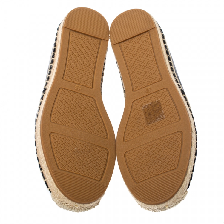 Pre Owned Tory Burch Black Leather Ines Logo Espadrille Flats Size 36.5
