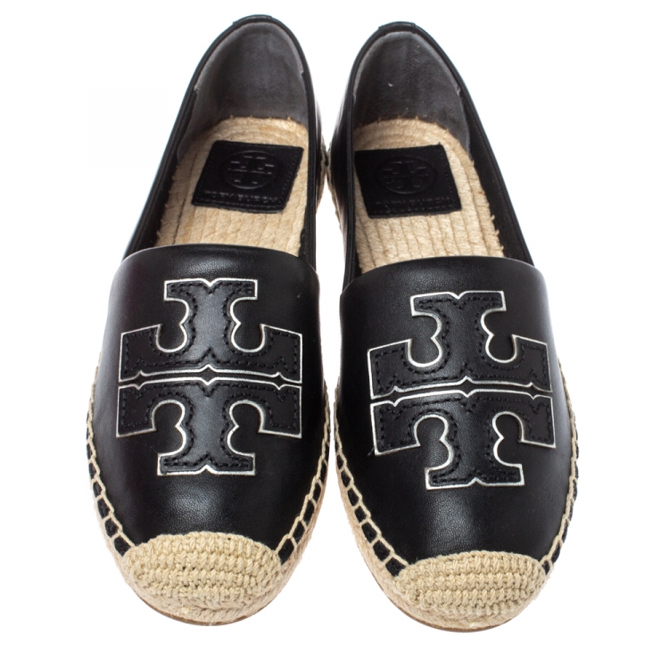 Pre Owned Tory Burch Black Leather Ines Logo Espadrille Flats Size 36.5