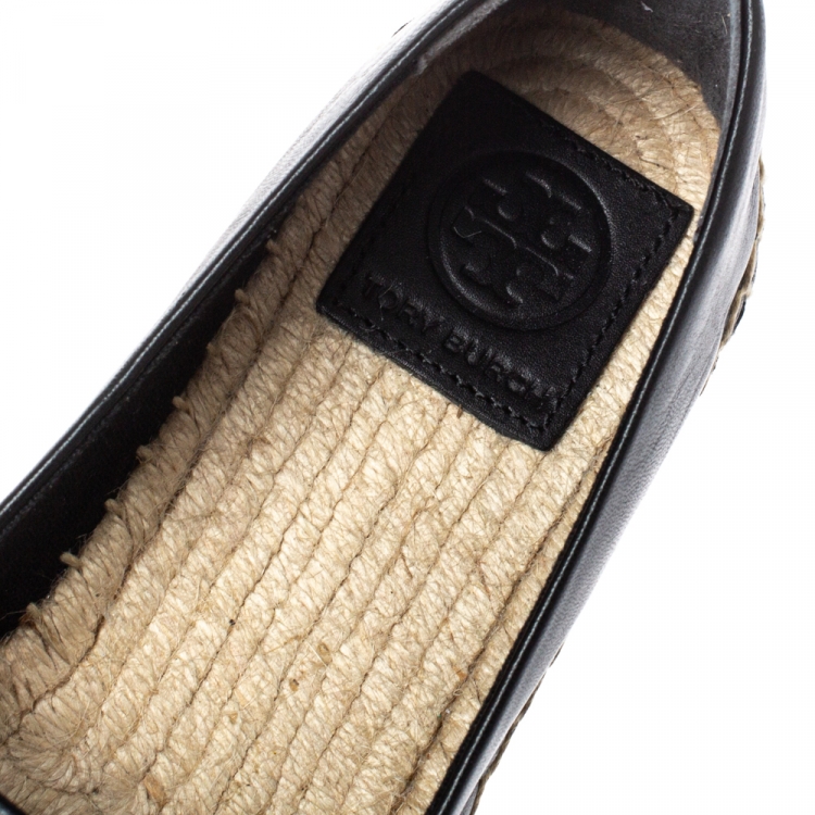 Pre Owned Tory Burch Black Leather Ines Logo Espadrille Flats Size 36.5