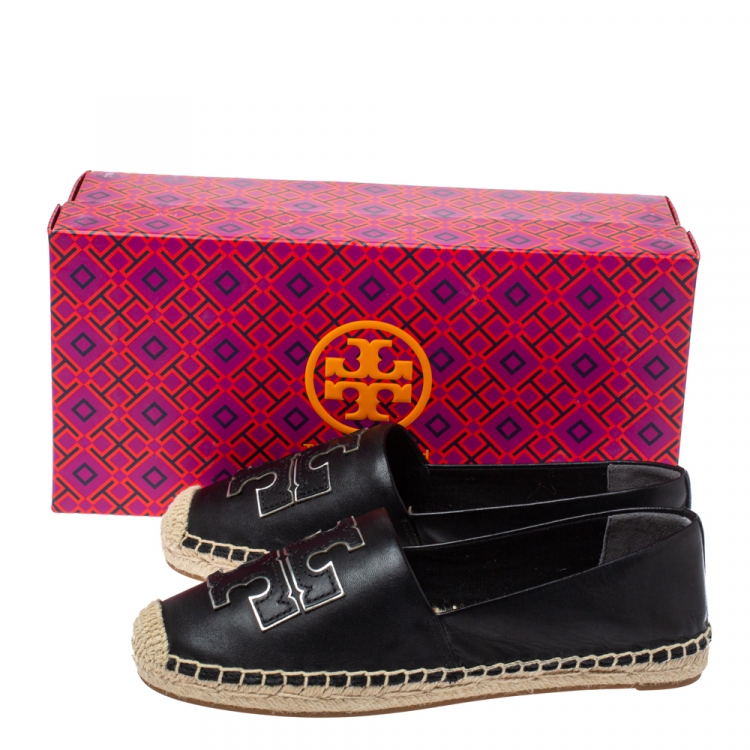 Pre Owned Tory Burch Black Leather Ines Logo Espadrille Flats Size 36.5