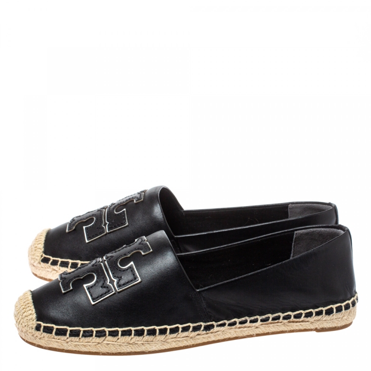 Pre Owned Tory Burch Black Leather Ines Logo Espadrille Flats Size 36.5
