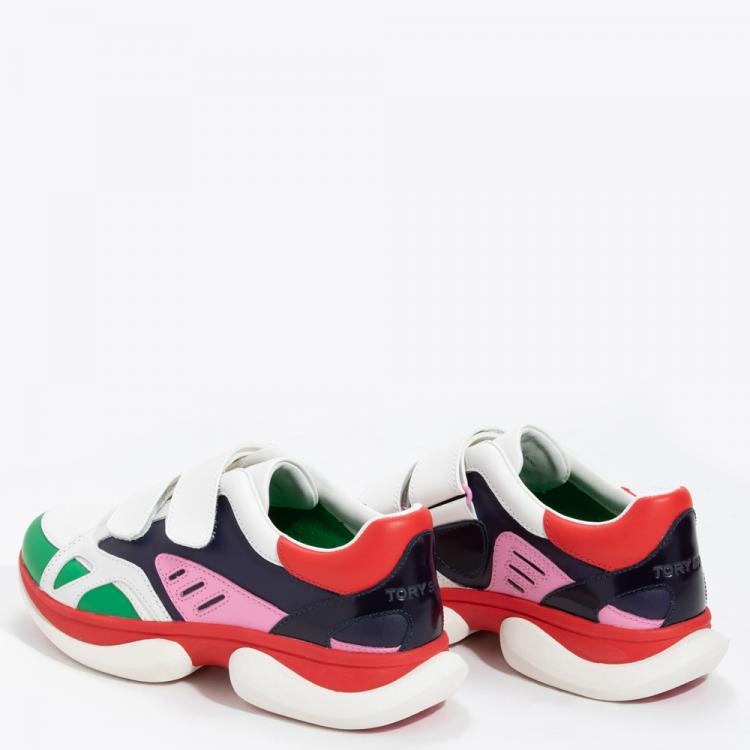 Pre Owned Tory Burch Multicolor Leather Bubble Double Strap Sneakers Size EU 38.5