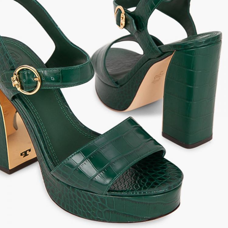 Pre Owned Tory Burch Green Leather Martine Platform Sandals Size EU 39.5
