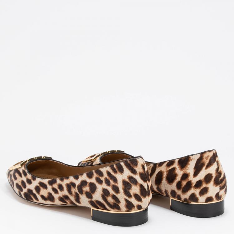 Pre Owned Tory Burch Brown Haircalf and Leather Gigi Pointy Toe Leopard Print Pumps Size EU 41.5