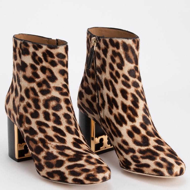 Pre Owned Tory Burch Brown Leather Gigi Leopard Print Ankle Boots Size EU 39