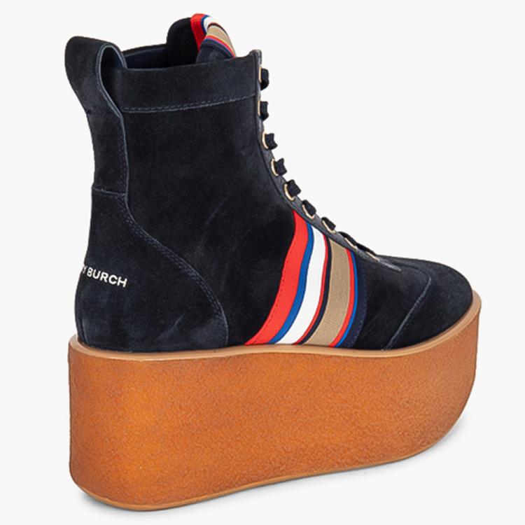 Pre Owned Tory Burch Blue Leather Striped High-Top Platform Sneakers Size EU 39.5