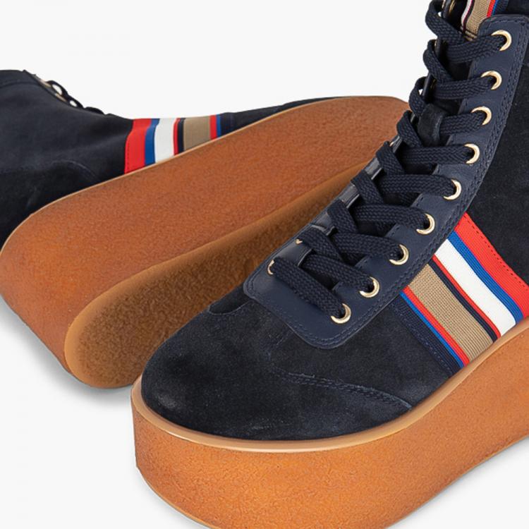 Pre Owned Tory Burch Blue Leather Striped High-Top Platform Sneakers Size EU 39.5