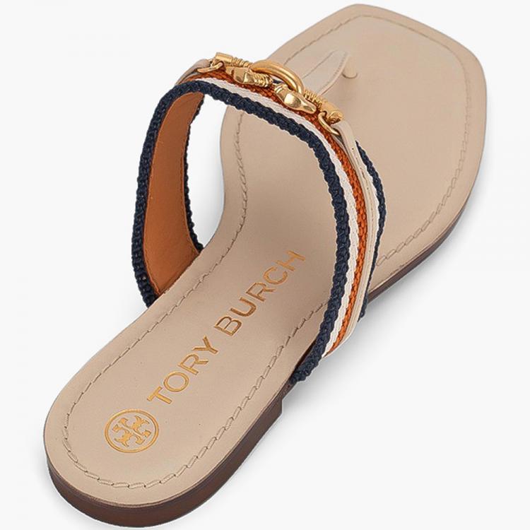 Pre Owned Tory Burch Beige Calf Leather Webbing Jessa Thong Sandals Size EU 38.5
