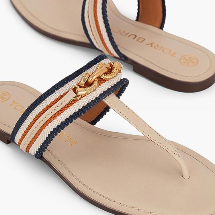 Pre Owned Tory Burch Beige Calf Leather Webbing Jessa Thong Sandals Size EU 38.5
