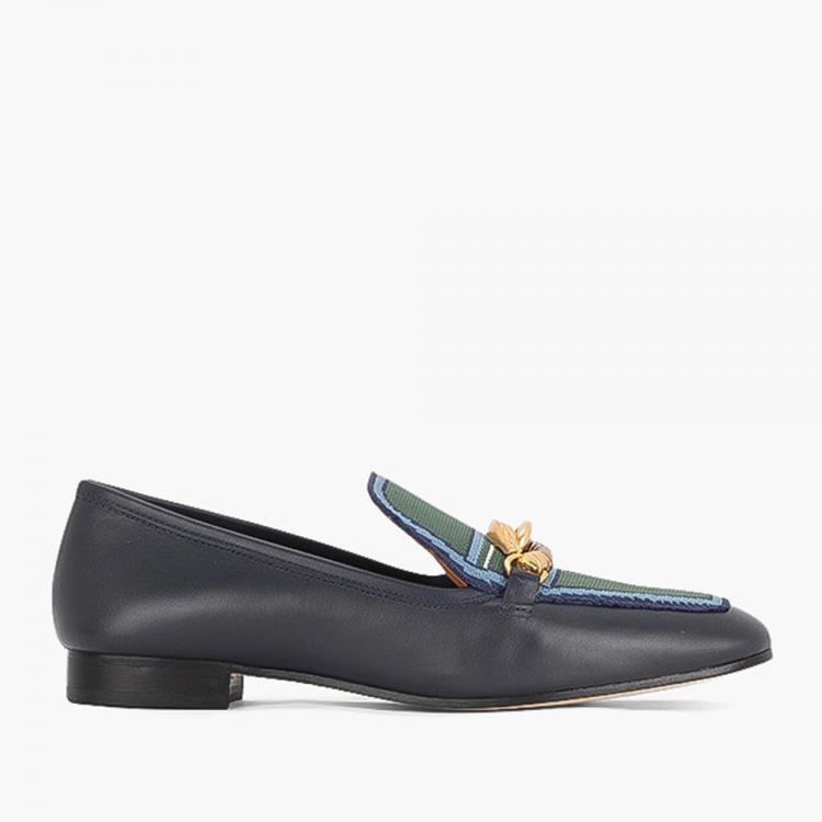 Pre Owned Tory Burch Blue Calf Leather/Fabric Jessa Knit Loafers Size EU 37.5