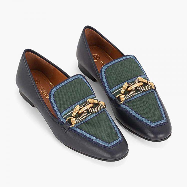 Pre Owned Tory Burch Blue Calf Leather/Fabric Jessa Knit Loafers Size EU 37.5