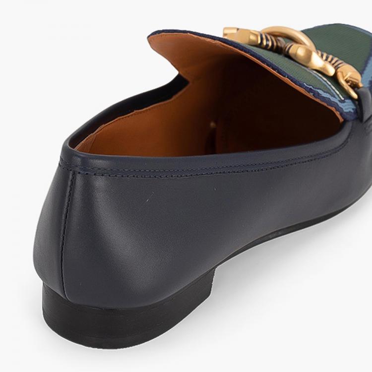 Pre Owned Tory Burch Blue Calf Leather/Fabric Jessa Knit Loafers Size EU 37.5