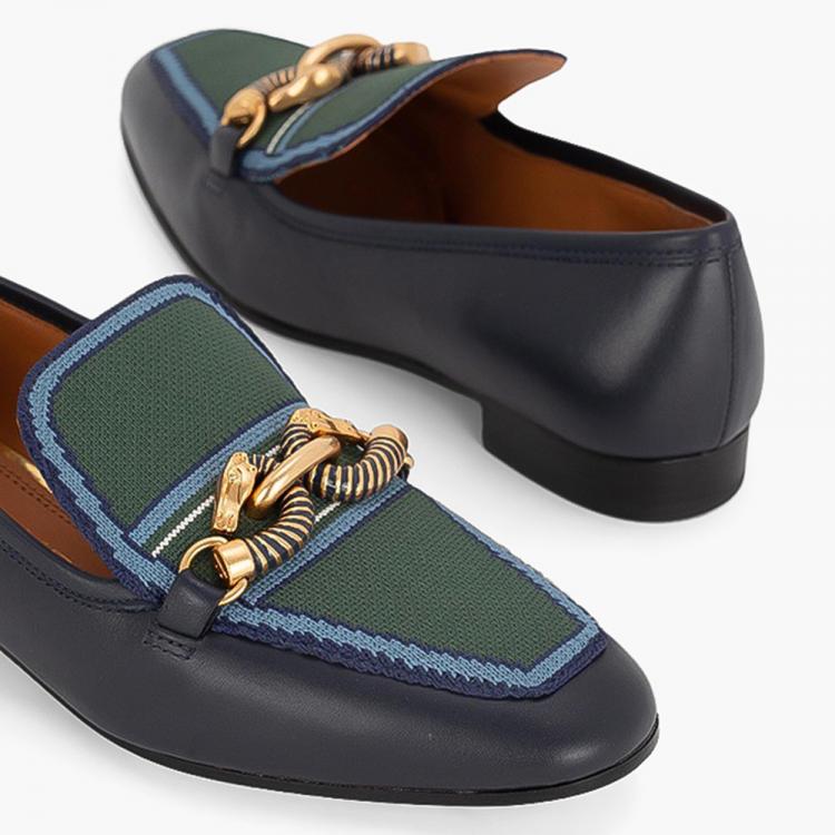 Pre Owned Tory Burch Blue Calf Leather/Fabric Jessa Knit Loafers Size EU 37.5